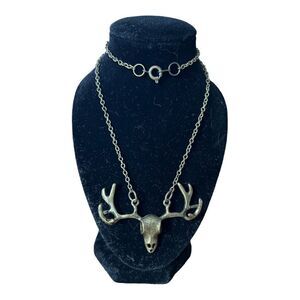 Skull w/ Antlers Necklace - 8” Drop